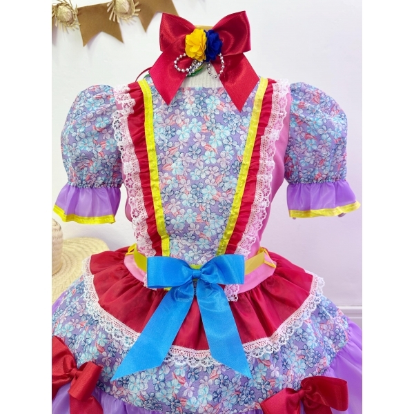 Fantasia Infantil Junino Rosa e Lilás Flores Coloridas