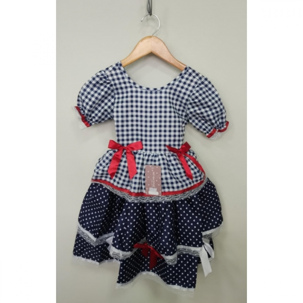 Vestido Infantil Junino Arraiá Azul Marinho Xadrez Laços