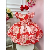 Vestido Infantil Vermelho Rosas C/ Laço Strass Luxo