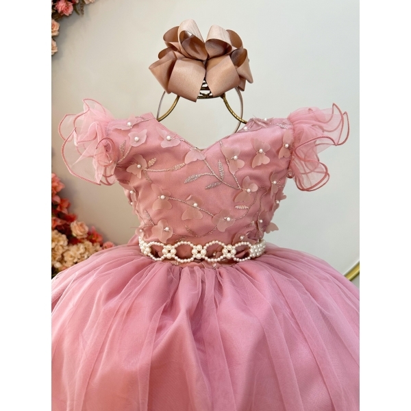 Vestido Infantil Longo Rose C/ Apliques e Renda Damas Festas