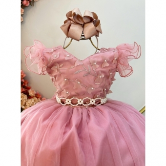 Vestido Infantil Longo Rose C/ Apliques e Renda Damas Festas