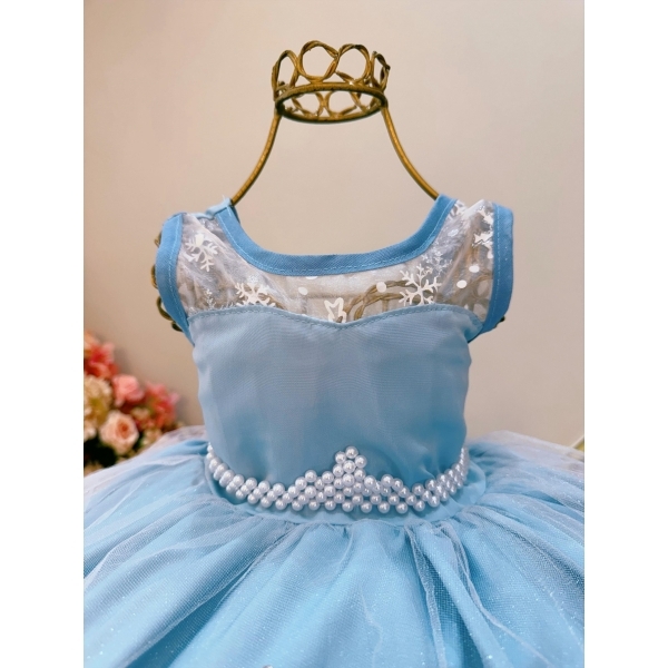 Vestido Infantil Azul Frozen Elsa Gelo C/ Capa de Luxo