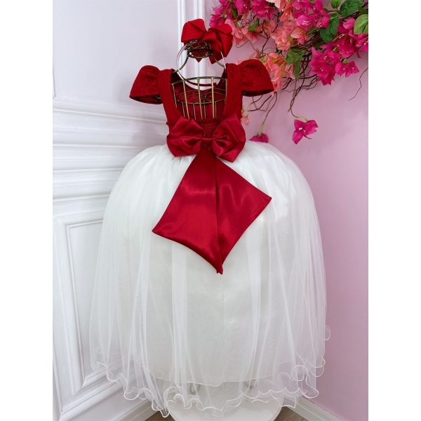 Vestido Infantil Vermelho Renda e Saia Off White Damas Longo