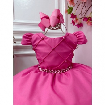 Vestido Infantil Rosa Chiclete Cinto Pérolas Damas Casamento