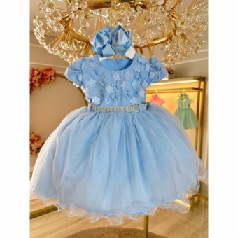 Vestido Infantil Azul Busto Com Renda e Pérolas Batizados