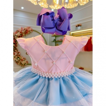 Vestido Bebê Rosa Busto Nervura Saia Babados Coloridos