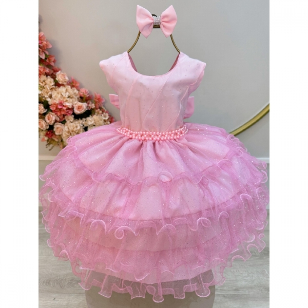 Vestido Infantil Rosa Claro Saia C/ Babados e Glitter Daminha