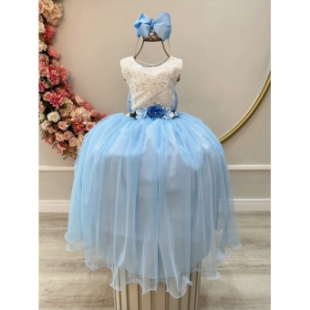 Vestido Infantil Off White Saia Azul Claro C/ Renda e Broche
