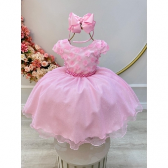 Vestido Infantil Rosa Saia C/ Glitter e Apliques de Flores