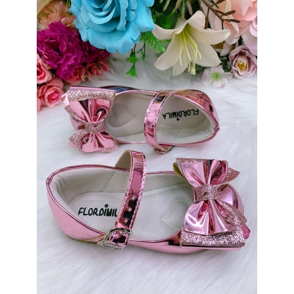 Sapatinho Rose Metalizado C/ Lacinho Glitter Super Luxo