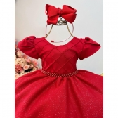 Vestido Infantil Vermelho C/ Busto Nervura Festas Daminhas
