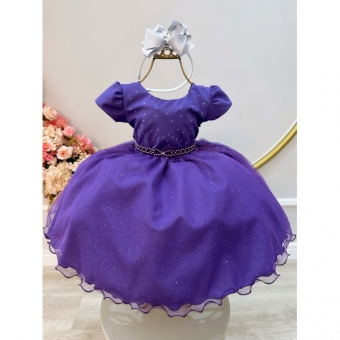 Vestido Infantil Roxo Busto C/ Strass e Saia com Glitter