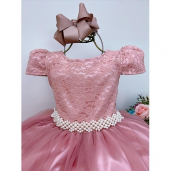 Vestido Infantil Realeza Rose C/ Renda e Pérolas Festa Luxo