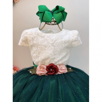 Vestido Infantil Longo Off White Saia Verde Esmeralda Daminha
