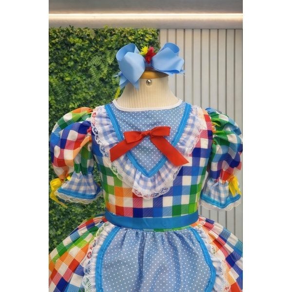 Vestido Infantil Junino Caipira Festas Xadrez Azul Colorido