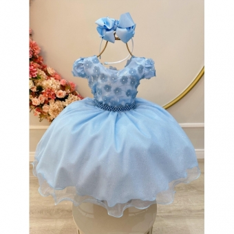 Vestido Infantil Azul Saia C/ Glitter e Apliques de Flores